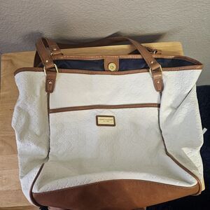 Tommy Hilfiger White Tote Bag Brown Faux Leather Shoulder Handbag Large Preppy